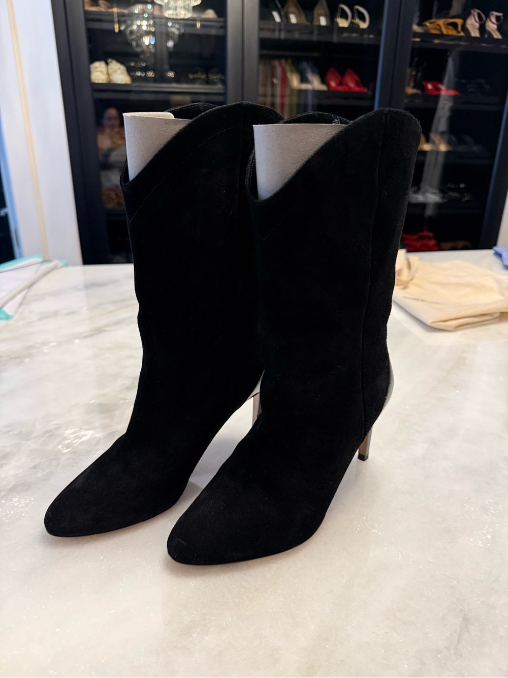 ba&sh Black Suede Pointed-Toe Mid-Calf Heeled Boots